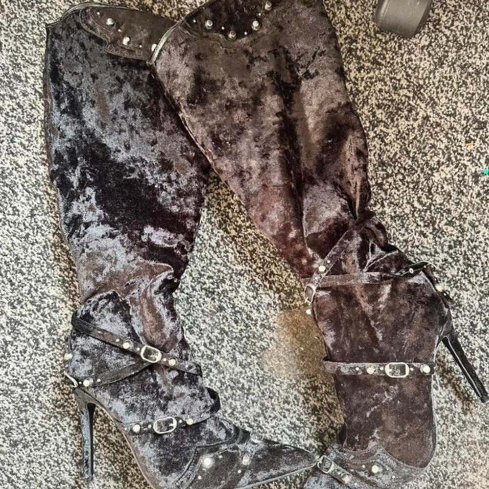 Public Desire x Dolls Kill Black Velvet Studded Stiletto Boots